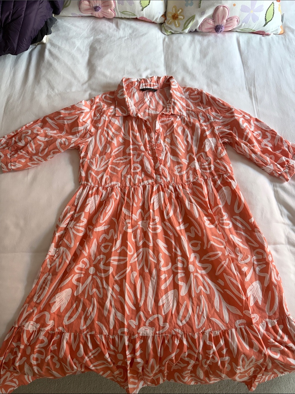 Women's Coral/Orange & White Floral Midi Dress
